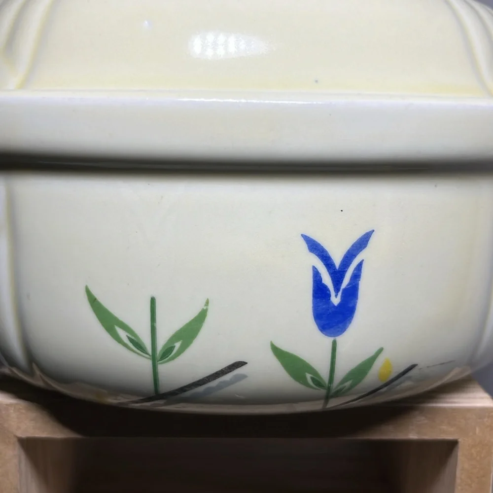 Rare 1930s Hall China Orange & Blue Tulip Covered Casserole Piggly Wiggly Promo